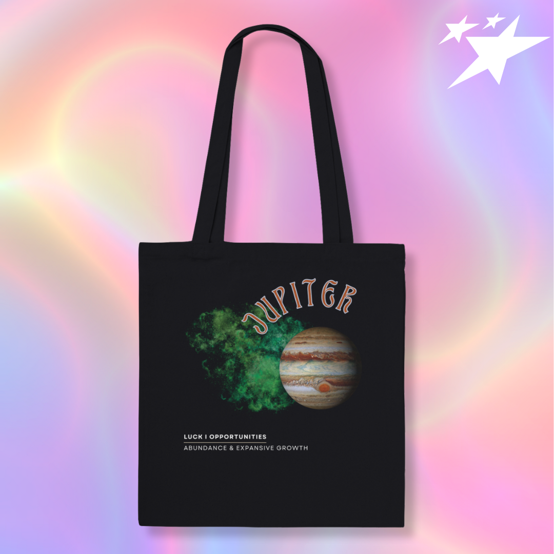 Astrology Black tote bag with jupiter design