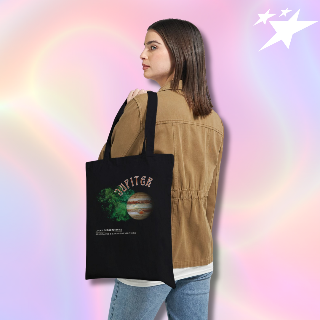 Astrology Black tote bag with jupiter design
