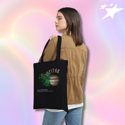 Astrology Black tote bag with jupiter design