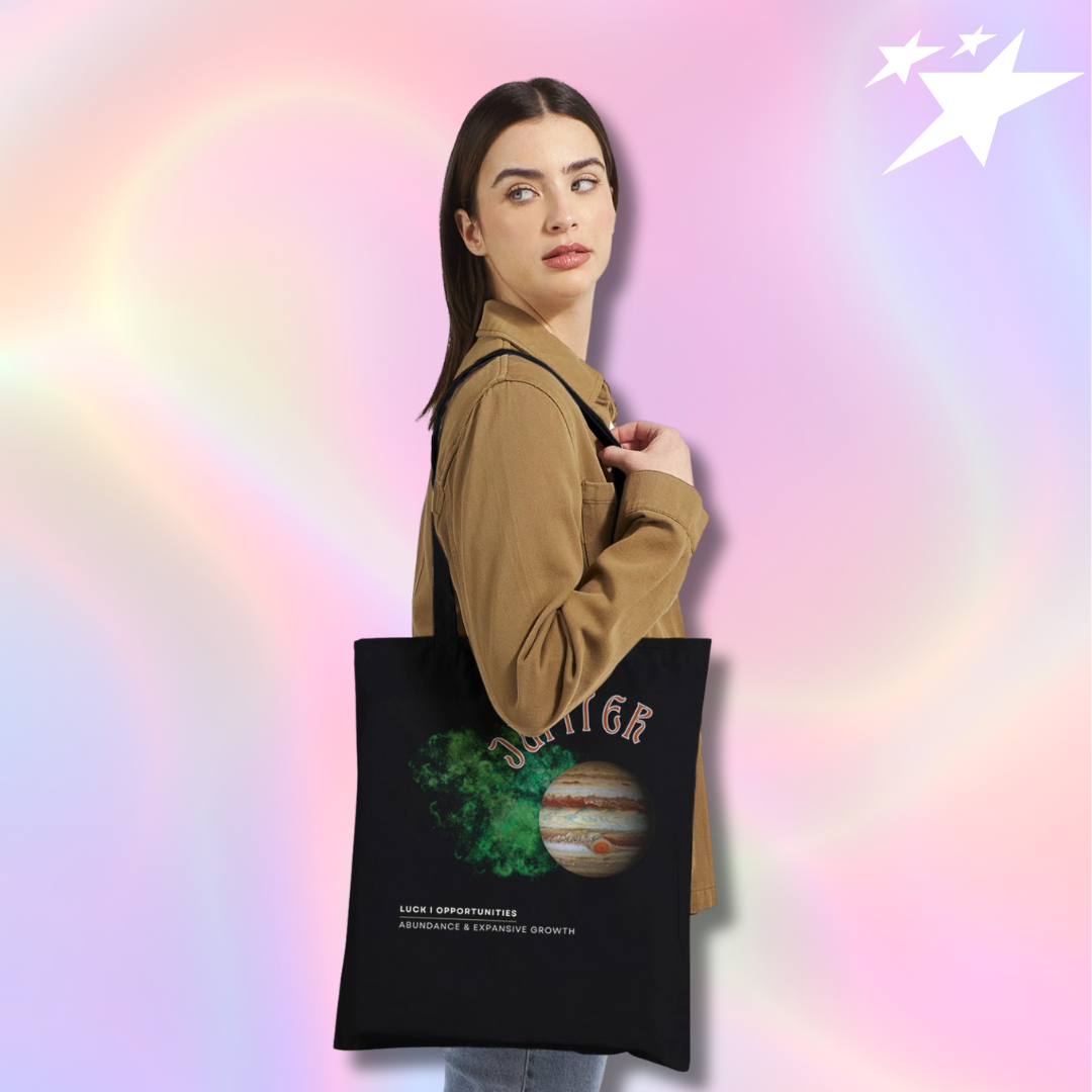 Astrology Black tote bag with jupiter design