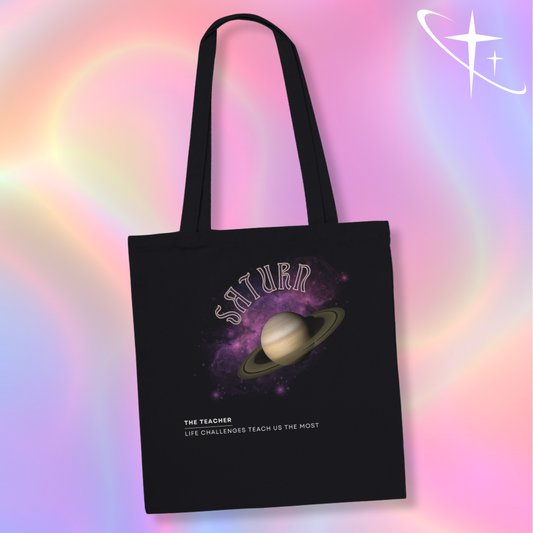 Astrology Black tote bag with saturn design