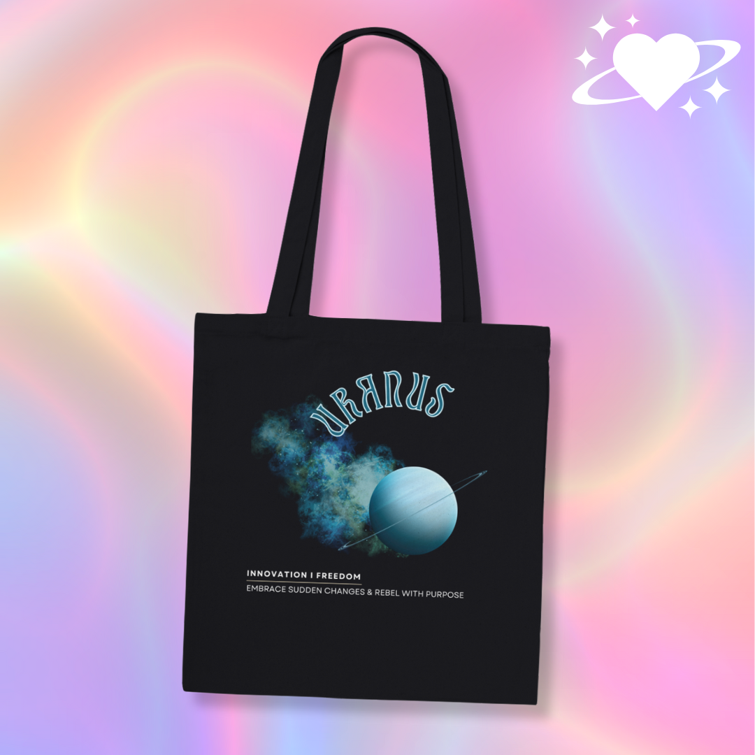 Astrology Black tote bag with uranus design