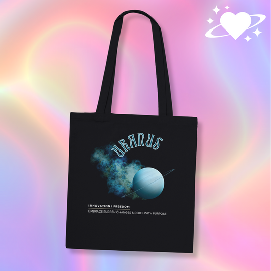 Astrology Black tote bag with uranus design