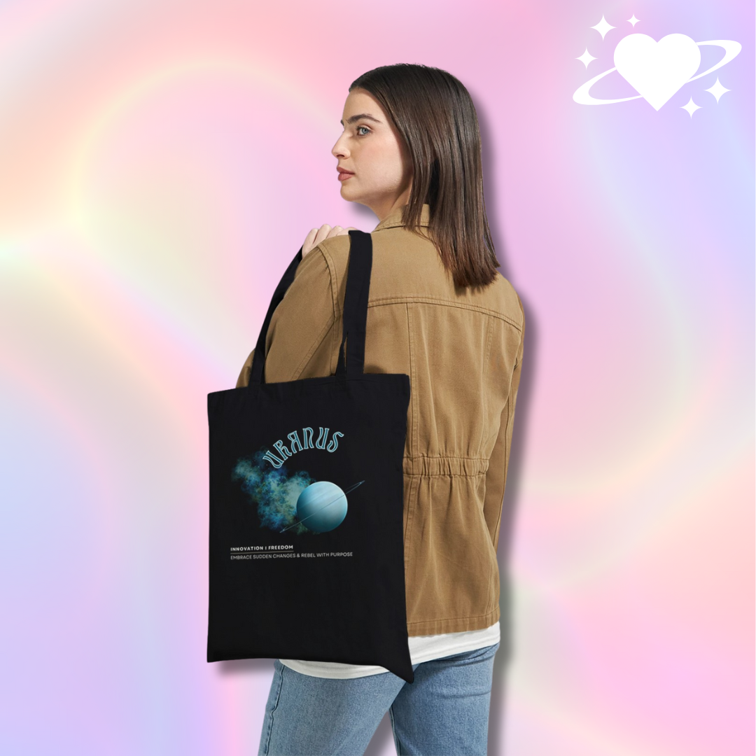Astrology Black tote bag with uranus design