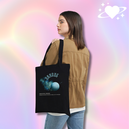 Astrology Black tote bag with uranus design