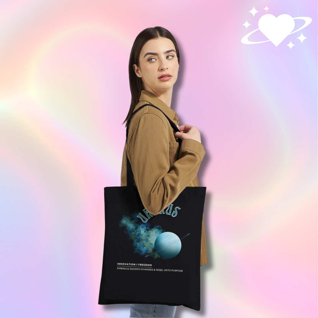 Astrology Black tote bag with uranus design