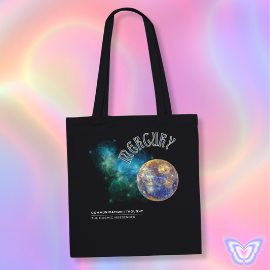 Astrology Black tote bag with Mercury design