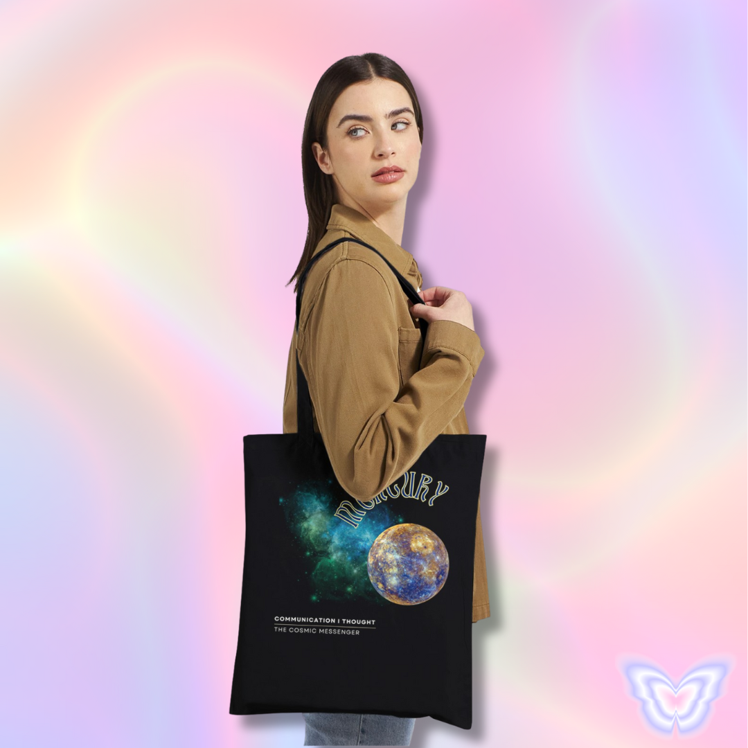 Astrology Black tote bag with Mercury design